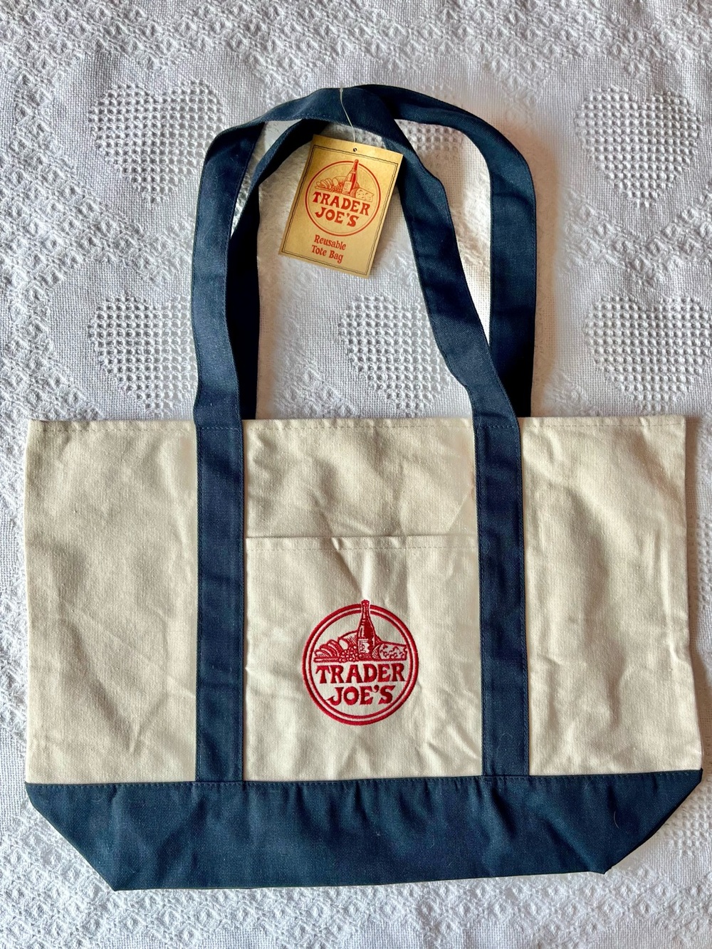 Trader Joe’s Classic Cream Canvas Tote with Navy Blue Straps & Trim & Red Logo